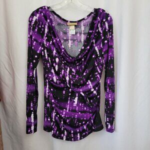 NEW Miss Tina Blouse Purple Black pullover Medium cowl ruched silky NWT
